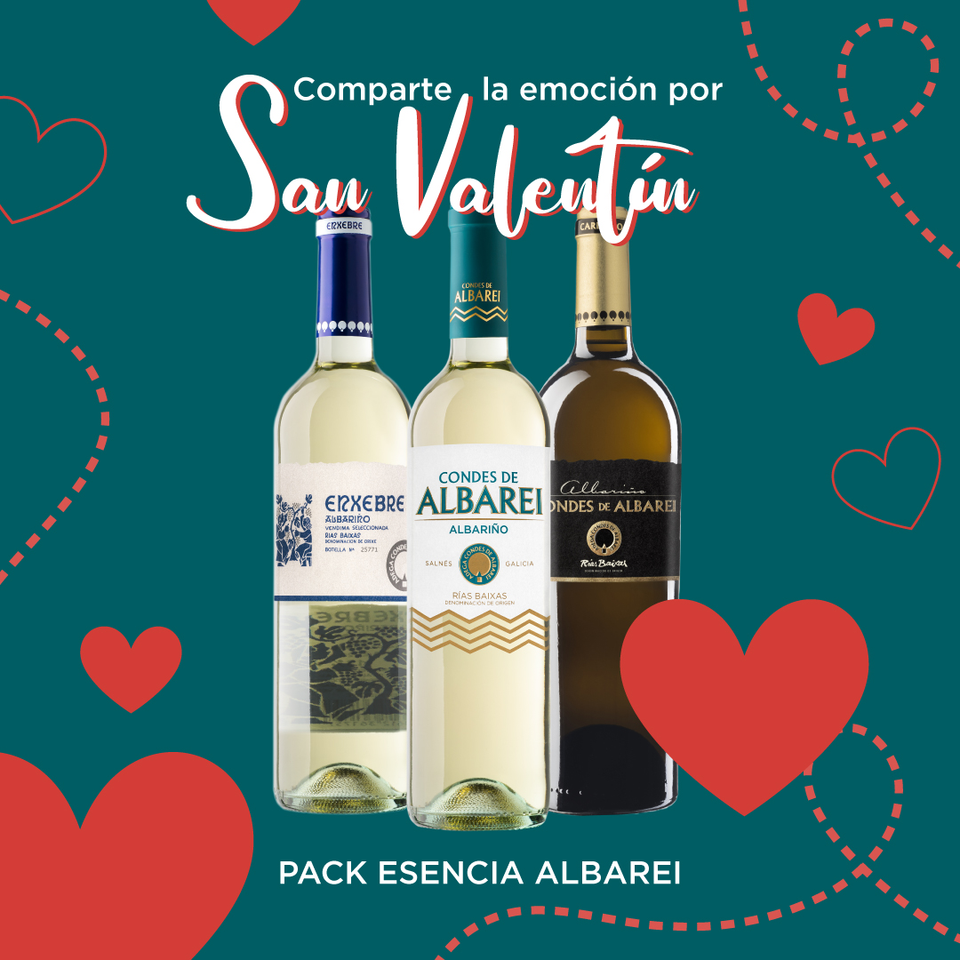 Nuestro Pack Esencia Albarei, una selección de tres albariños: Condes de Albarei, Enxebre y Carballo Galego, es perfecto para enamorar a tu pareja con cada brindis. 